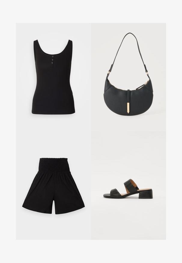 Débardeur noir en tissu côtelé, avec une encolure dégagée et trois boutons-pression en métal sur le devant. Texture lisse, forme ajustée.; Shorts noirs taille haute avec une large ceinture élastique froncée et des jambes larges et fluides.; Sandale en cuir noir avec deux larges bandes traversant le pied, un bout carré et un petit talon carré. Texture lisse et design minimal.; Sac à main noir en forme de croissant avec une bandoulière unique, une fermeture éclair dorée et une languette décorative rectangulaire dorée à l'avant.