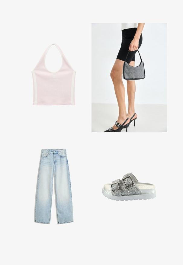 Lichtroze halter crop top met witte zijstrepen, "NYC Club" tekst, ster en groot "01" nummer aan de voorkant.; Lichtblauwe denim wijde jeans met een hoge taille, vijf zakken, een knoopsluiting en een vervaagde afwerking. Heeft rechte, losse benen.; Glitterige zilveren slide-sandalen met twee verstelbare gespsluitingen, een glad metalen voetbed en een dikkere, gestructureerde witte outsole.; Zwarte beaded handtas met een gebogen silhouet, draaghandvat en glanzende textuur. Draagt bij hoge zwarte hakken en strakke zwarte shorts.