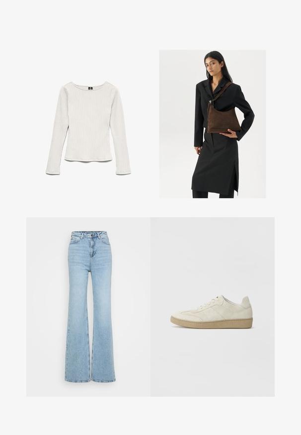 Hvid ribstrikket langærmet top med rund halsudskæring, figursyet silhuet og let skæring ved kanten, vist mod en hvid baggrund.; Lyseblå vide jeans lavet af denim, med høj talje, fem-lomme design og en rå kant forneden. Teksturen er let slidt.; Beige ruskind sneakers med et struktureret design, flad gummisål og karakteristisk sidesyning. Rund tå og polstret krave.; Kvinde iført en sort blazer og nederdel, som holder en stor mørkebrun suedetaske mod en hvid baggrund.