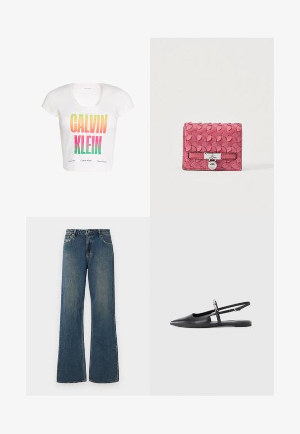 Hvid kortærmet cropped top med stor gradient "CALVIN KLEIN" tekst i gul, orange, pink og grøn på forsiden.; Bredde ben denim jeans i mellemblå med en falmet finish. Har fem lommer, bæltestropper og en metalknaplukning. Så lavet af bomuldsstof.; Sort læder slingback-flad sko med spids tå, udskåret detalje og justerbar rem med en dekorativ blomsterdekoration.; Lyserødt læderpung med et struktureret, bølget mønster, rektangulær form, sølvfarvet hardware og lukning med spænde.