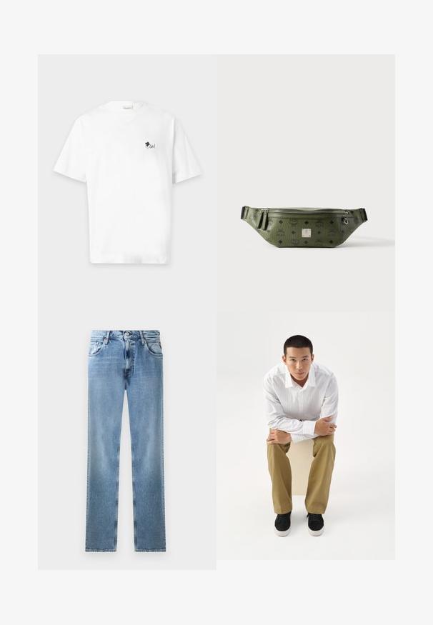 Weißes T-Shirt mit kurzen Ärmeln, kleinem schwarzem Kleeblatt und dem Wort "loved" auf der linken Brust gedruckt.; Helle blaue Denim-Jeans mit geradem Bein, Taschen, Kupferriegeln und Knopfverschluss. Sie zeichnen sich durch ein verblasstes Design und einen sauberen Saum aus.; Junger Mann in weiß gestreiftem Hemd und khakifarbener Hose sitzt nach vorne gelehnt auf einem Hocker mit verschränkten Armen und schaut direkt geradeaus vor weißem Hintergrund.; Olivgrüne, strukturierte Leder-Gürteltasche mit schwarzen Logos, silbernem Reißverschluss, doppeltem Reißverschluss-Zipper und zentraler silberner Markenplakette.