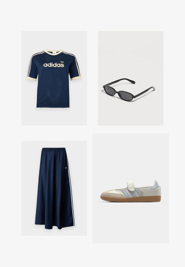 Adidas mørkeblå mesh t-shirt med korte ærmer med cremefarvet kant, tre cremefarvede striber på ærmerne og Adidas-logo på brystet.; Marineblå maxi nederdel med elastisk talje, to hvide sidelister og en lille hvid Adidas-logo på venstre side.; adidas Originals SAMBA JANE BALLERINA - Ballerinasko m/ rem - cloud white/halo blue; Sorte ovale solbriller med mørke linser og tynde stel, der hviler på en lys overflade.
