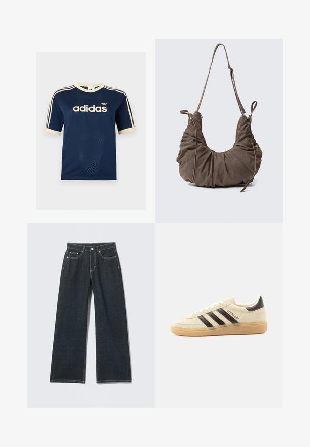 Tumesinine Adidas võrgust lühikeste varrukatega särk kreemika äärisega, kolm kreemikat triipu varrukatel ja Adidas logo rinnal.; Tumesinised laiade säärega teksad esikinnise, tõmbluku, vööaasa ja viie taskuga, ühtlasel heledal taustal.; Kreemjas seemisnahast toss mustade triipude, kummist tallaga, musta kannatabiga ja kuldse sõnaga „SPEZIAL“ küljel.; Pruun seemis olev õlakott voltidega detailide, reguleeritava rihma ja dekoratiivsete külgtõmblukkudega, esitatud neutraalse tausta ees.