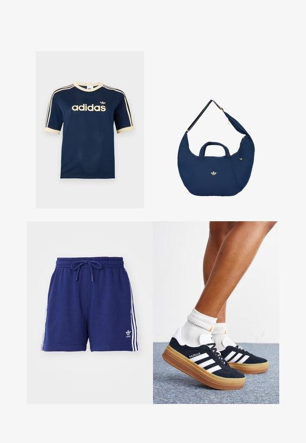 Adidas mørkeblå mesh t-shirt med korte ærmer med cremefarvet kant, tre cremefarvede striber på ærmerne og Adidas-logo på brystet.; Mørkeblå træningsshorts med snøre i taljen, præget af hvide sidelister og et broderet logo nederst til venstre. Blødt stof.; Ben iført hvide sokker og sorte Adidas Gazelle sneakers med hvide striber og tykke brune såler på et gråt tæppe.; Navyblå Adidas skuldertaske i halvmåneform med korte håndtag, justerbar rem og gyldne lynlåsdetailler.
