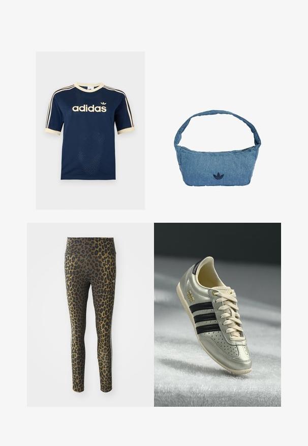 Marineblauw Adidas mesh T-shirt met korte mouwen, crèmekleurige afwerking, drie crèmekleurige strepen op de mouwen en Adidas-logo op de borst.; Leggings met luipaardprint, voorzien van een hoge tailleband, rekbare stof en zwarte accenten op een lichtbruine basis, ontworpen voor comfort en pasvorm.; Lichtgrijze leren sneaker met zwarte strepen, geperforeerde details, beige veters en een gouden logopatch. Gedeelte rubberen zool.; Schoudertas van denim in lichtblauw met een geborduurd donkerblauw logo. Voorzien van een brede, zachte band en een ritssluiting aan de bovenkant.