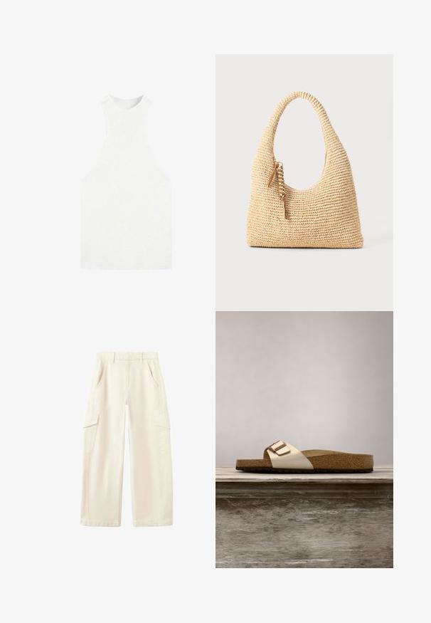 Weißes ärmelloses Stricktop mit hohem Kragen und breiten Armausschnitten, mit enger gerippter Struktur.; Hellbeige weit geschnittene Cargohosen mit seitlichen Klappentaschen und vorderen Seitentaschen, Gürtelschlaufen und hoher Taille.; Slide-Sandale mit einem leichten metallischen Obermaterial, Korkfußbett und strukturiertem braunem Gummisohle. Schnalle mit Logo-Akzent.; Geflochtene beige Handtasche mit einem geschwungenen Griff, strukturiertem Oberflächen und einem braunen Quasten-Detail. Hat eine lässige Hobo-Form.