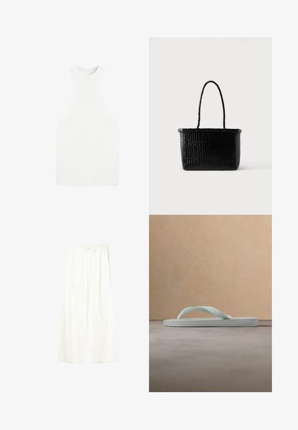 Haut en maille blanc sans manches avec un col montant et des emmanchures larges, avec une texture côtelée ajustée.; Pantalon blanc à jambes larges avec taille élastique et cordon de serrage, en tissu léger.; Tongue en caoutchouc beige clair unique avec semelle texturée et bride en forme de Y sur un fond gris uni.; Sac à main tressé noir avec une base rectangulaire et deux longues anses tressées, présenté sur un fond clair uni.