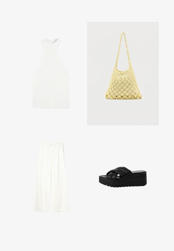 Haut en maille blanc sans manches avec un col montant et des emmanchures larges, avec une texture côtelée ajustée.; Pantalon blanc à jambes larges avec taille élastique et cordon de serrage, en tissu léger.; Sandales plateformes noires avec des lanières croisées en cuir lisse, présentant une semelle épaisse et texturée et un bout légèrement arrondi.; Sac en filet macramé jaune avec longue bandoulière et pochette beige à l'intérieur, présenté sur un fond blanc uni.