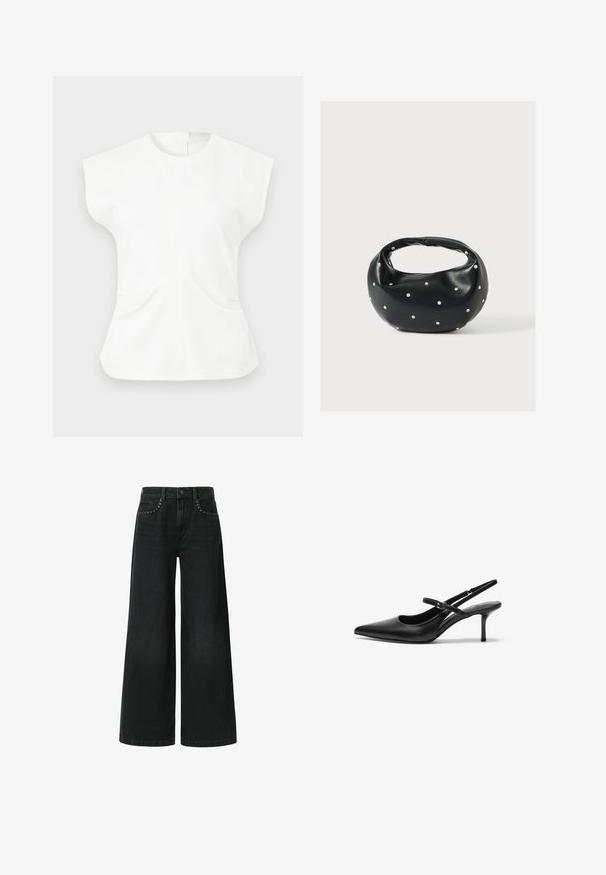 Hvid ærmeløs top med strukturerede skuldre, rund halsudskæring, taljeret pasform og diskrete detaljer af frontlommer mod en ensfarvet baggrund.; Bredde ben sorte jeans lavet af denim, med et klassisk fem-lomme design og dekorative nitter nær frontlommerne.; Sorte læder slingback hæle med spids tå, slank justerbar rem og en stiletto hæl på cirka 5 cm, glat tekstur.; Sort læderhåndtaske med en rundet form, dekoreret med sølvnitter, og et kort håndtag. Glat tekstur og lynlåslukning.