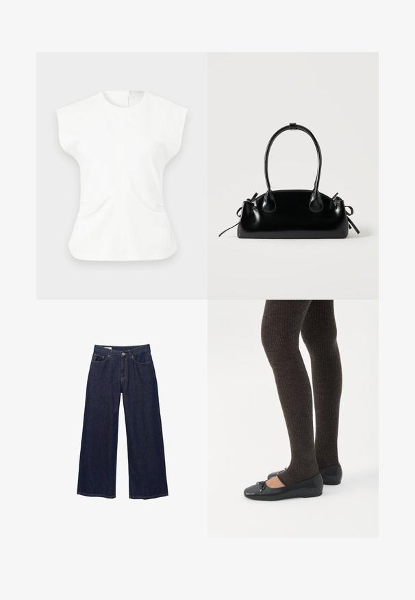 Haut blanc sans manches avec épaules structurées, encolure ronde, taille cintrée et détails discrets de poche avant sur un fond uni.; Jean en denim bleu foncé à jambes larges avec poches avant, passants pour ceinture et fermeture à bouton.; Jambes portant des leggings côtelés foncés associés à des ballerines noires avec de petits détails en nœud sur fond blanc.; Petit sac à main noir brillant avec deux longues anses et des détails à cordon sur les côtés sur un fond clair uni.