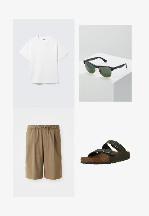 Camiseta blanca de manga corta con cuello redondo, colocada plana, diseño liso, con etiqueta "WEEKDAY" en el interior del cuello sobre un fondo claro.; Pantalones cortos marrones con pliegues, cintura elástica y cordón ajustable. Fabricados con un tejido suave y ligero con perneras rectas.; Sandalias verdes tipo slip-on con dos correas ajustables, una plantilla de corcho y suela de goma. Presentan hebillas plateadas y un material superior texturizado.; Gafas de sol Ray-Ban con lentes verdes, montura de plástico negro y acentos dorados en los bordes. Forma cuadrada con acabado mate.