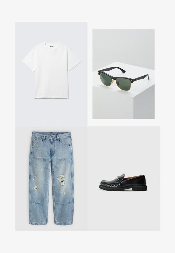 Weißes T-Shirt mit kurzen Ärmeln und Rundhalsausschnitt, flach liegend, schlichtes Design, mit „WEEKDAY“-Etikett innen im Kragen auf hellem Hintergrund.; Hellblaue Denim-Jeans mit Farbspritzern, großen aufgesetzten Fronttaschen und ausgewaschenen Löchern an beiden Beinen, flach auf einem hellen Hintergrund liegend dargestellt.; Schwarze Lederloafers mit abgerundetem Zeh, dekorativen Nähten und einem metallischen Akzent an der Vorderseite; Gummisohle mit rutschfestem Muster.; Ray-Ban Sonnenbrillen mit grünen Gläsern, schwarzen Kunststoffrahmen und goldenen Akzenten an den Rändern. Quadratische Form mit matter Oberfläche.