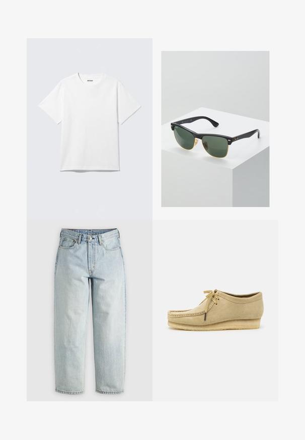 Weißes T-Shirt mit kurzen Ärmeln und Rundhalsausschnitt, flach liegend, schlichtes Design, mit „WEEKDAY“-Etikett innen im Kragen auf hellem Hintergrund.; Hellblaue Jeans aus Denim mit geradem Bein, fünf Taschen und einem Knopfverschluss; mit verblassten Bereichen und dezenten Nähdetails.; Beige Wildlederschuh mit Schnürdesign, gestickten Details und Gummisohle. Die Form ist lässig mit einem leichten Keilabsatz.; Ray-Ban Sonnenbrillen mit grünen Gläsern, schwarzen Kunststoffrahmen und goldenen Akzenten an den Rändern. Quadratische Form mit matter Oberfläche.