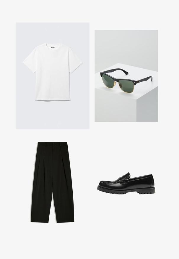 T-shirt blanc à manches courtes et col rond, étalé à plat, design uni, avec l'étiquette "WEEKDAY" à l'intérieur du col sur un fond clair.; Pantalon noir à jambes larges avec plis, passants pour ceinture et fermeture par bouton à la taille.; Mocassin en cuir noir avec une semelle en caoutchouc épaisse et un détail classique de bride à monnaie, vu de côté extérieur.; Lunettes de soleil Ray-Ban avec des verres verts, monture en plastique noir et accents dorés sur les bords. Forme carrée avec une finition mate.