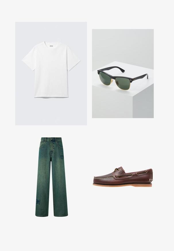 Weißes T-Shirt mit kurzen Ärmeln und Rundhalsausschnitt, flach liegend, schlichtes Design, mit „WEEKDAY“-Etikett innen im Kragen auf hellem Hintergrund.; Weite Jeans aus dunkelblauem Denim mit einer dezenten, verblassten Textur. Mit Gesäßtaschen und einem dekorativen Logodetail.; Brauner Leder-Bootsschuh mit weißen Nähten, Schnürdetails und hellbrauner Gummisohle, seitlich auf weißem Hintergrund gezeigt.; Ray-Ban Sonnenbrillen mit grünen Gläsern, schwarzen Kunststoffrahmen und goldenen Akzenten an den Rändern. Quadratische Form mit matter Oberfläche.