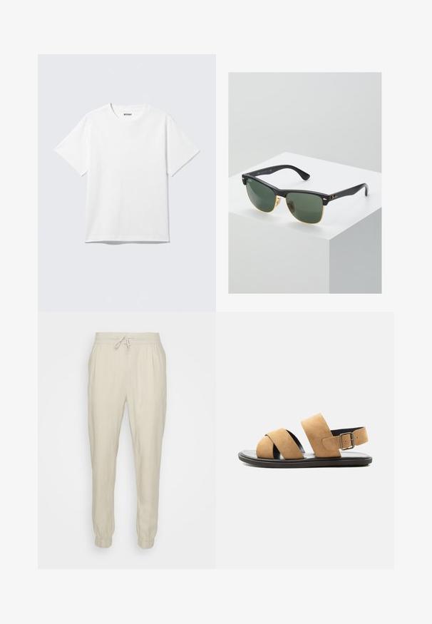 T-shirt blanc à manches courtes et col rond, étalé à plat, design uni, avec l'étiquette "WEEKDAY" à l'intérieur du col sur un fond clair.; Jogging en lin beige avec une taille élastique et un cordon de serrage ajustable, présentant des poignets élastiques et une coupe relaxée. Texture lisse.; Sandale en daim beige pour homme avec deux larges brides, semelle noire et bride de talon réglable avec boucle, présentée sur fond blanc.; Lunettes de soleil Ray-Ban avec des verres verts, monture en plastique noir et accents dorés sur les bords. Forme carrée avec une finition mate.