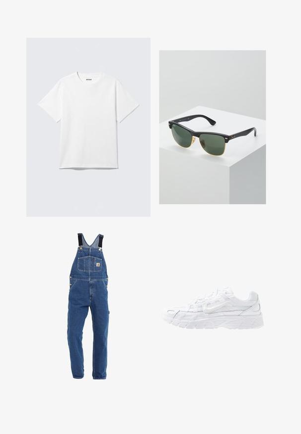 Weißes T-Shirt mit kurzen Ärmeln und Rundhalsausschnitt, flach liegend, schlichtes Design, mit „WEEKDAY“-Etikett innen im Kragen auf hellem Hintergrund.; Jeanslatzhosen in einem mittleren Blauton, mit verstellbaren schwarzen Trägern, mehreren Taschen und Metallbeschlägen.; Nike Sportswear P 6000 - Sneaker low - white/platinum tint; Ray-Ban Sonnenbrillen mit grünen Gläsern, schwarzen Kunststoffrahmen und goldenen Akzenten an den Rändern. Quadratische Form mit matter Oberfläche.
