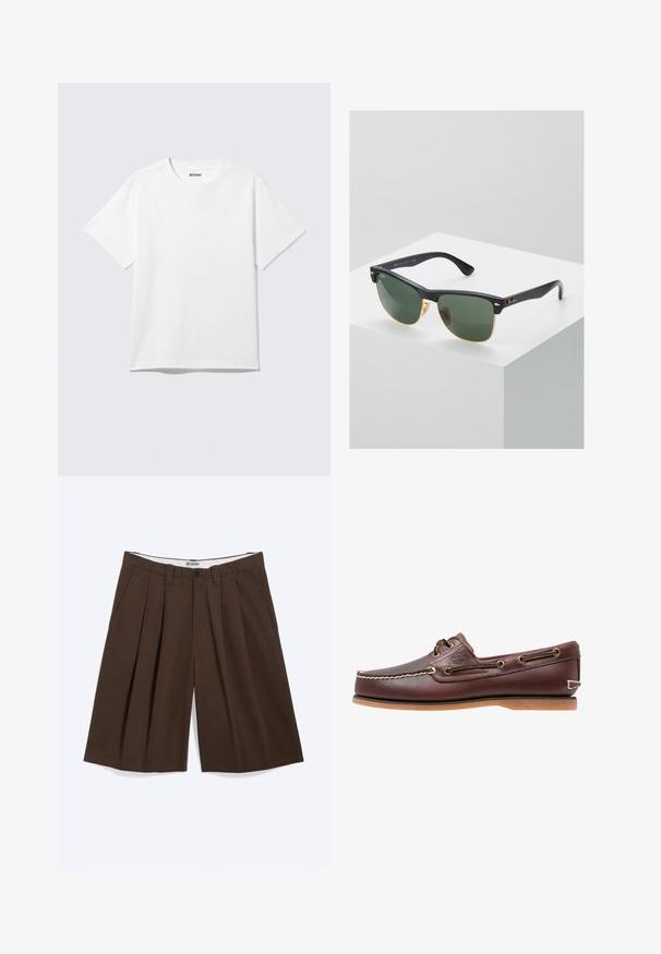 T-shirt blanc à manches courtes et col rond, étalé à plat, design uni, avec l'étiquette "WEEKDAY" à l'intérieur du col sur un fond clair.; Shorts marron plissés longueur genou avec poches latérales, passants pour ceinture et fermeture par bouton, étiquetés « WEEKDAY » sur la ceinture intérieure.; Chaussure bateau en cuir marron avec coutures blanches, détails de lacets et semelle en caoutchouc beige, vue de côté sur fond blanc.; Lunettes de soleil Ray-Ban avec des verres verts, monture en plastique noir et accents dorés sur les bords. Forme carrée avec une finition mate.