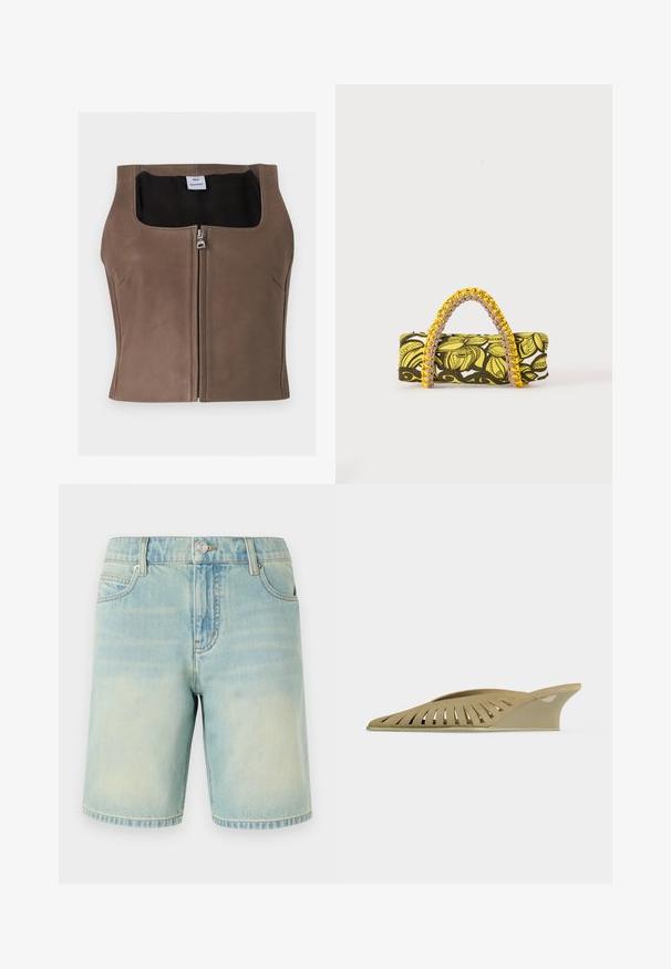 Veste courte marron sans manches en cuir synthétique avec fermeture éclair devant et encolure carrée, doublure intérieure noire et étiquette de la marque à l'intérieur.; Shorts en denim bleu clair avec une finition délavée, dotés d'un design à cinq poches, de coutures visibles et d'une fermeture à bouton métallique à la taille.; Mule beige à talon compensé avec un design ajouré sur le côté, avec un bout pointu et un talon bas.; Sac rectangulaire avec motif floral jaune et noir et anse tressée jaune et rose sur fond blanc.