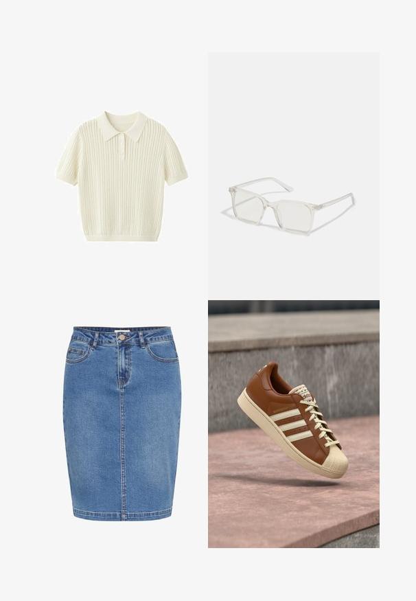Kortærmet strikket polo i cremefarve med spids krave, tre-knaps slids og lodret tekstureret stribet mønster.; Lysblå denimnederdel med tætsiddende design, frontknaplukning, fem lommer og kontrastsyer langs sømmene.; Brun lædersneaker med beige accenter, der har en struktureret tåhætte, tre hvide striber på siden og cremefarvede snørebånd.; Klare plastiske briller med firkantet ramme og gennemsigtige linser, der har guld accenter på tempelstængerne for ekstra detaljer.