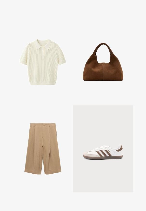Kurzärmeliges, gestricktes Poloshirt in Cremefarbe mit spitzem Kragen, Drei-Knopf-Leiste und vertikalem, strukturiertem Streifenmuster.; Beige Culottes aus leichtem Stoff, mit weitem Bein, flachem Vorderteil, zwei Seitentaschen und glatter Textur.; adidas Originals SAMBA - Sneaker low - white/earth strata/gum; Braune Wildleder-Hobo-Tasche mit einem breiten, abgerundeten Griff und einer weichen, lässigen Form vor weißem Hintergrund.