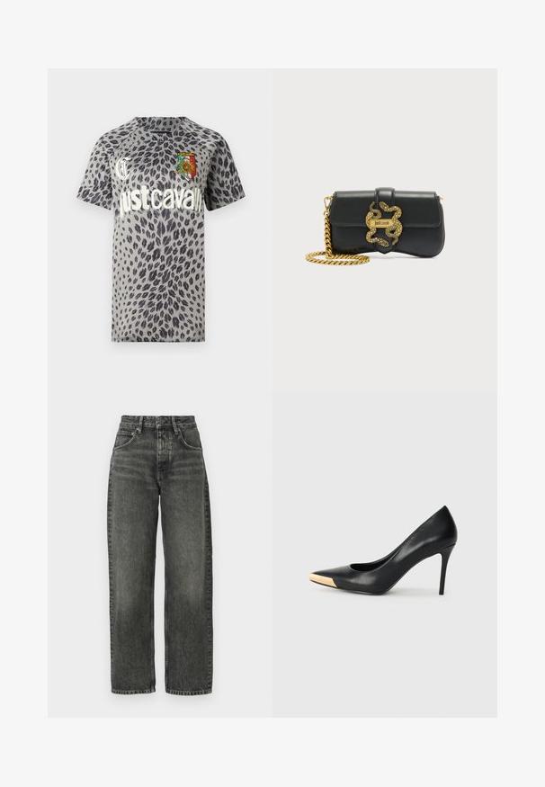 Grå T-shirt med korte ærmer, sorte leopardpletter, stor hvid tekst "just cavalli" og et farverigt solsikkeskjold på brystet.; Won Hundred ALEXANDRA - Jeans Relaxed Fit - tinted black; Sort læder stiletter med spids tå; har et metalisk guldakcent på tåkapperne. Glat overflade med et strømlinet design.; Sort skuldertaske i læder med guld kæderem og dekorativ spænde formet som en slange med "Just Cavalli" logo.