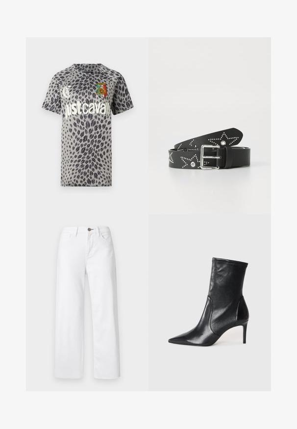T-shirt gris à manches courtes avec des taches léopard noires, un grand texte blanc "just cavalli" et un blason tournesol coloré sur la poitrine.; Jean blanc, coupe droite, en denim, avec bouton et fermeture éclair à l'avant, design à cinq poches, et texture lisse et mate.; Bottes noires à la cheville en cuir lisse, dotées d'un bout pointu, d'un tige ajustée et d'un talon haut fin. Design minimaliste sans quincaillerie visible.; Ceinture en cuir noir ornée d'étoiles en forme d'étoile, avec une boucle en métal argenté et une texture lisse. Conçue avec des trous décoratifs le long de la sangle.