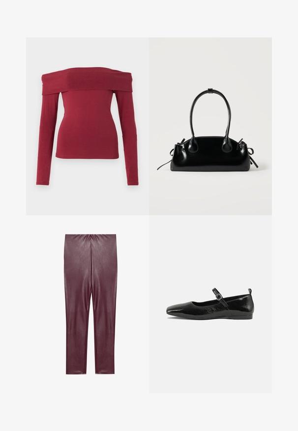 Bordová blúzka s dlhým rukávom a off-shoulder strihom. Úzky strih, hladká textúra a široký výstrih. Jednoduché, minimalistické švy na manžetách a leme.; Burgundské legíny z faux kože s hladkou textúrou, vysokým pásom a priliehajúcim strihom, ktoré siahajú po členky bez ďalších detailov.; Čierne lakované baleríny s špicatou špičkou, remienkom na členku so sponou a hladkým, lesklým povrchom. Nízky podpätok pre pohodlie.; Malá čierna lesklá kabelka s dvoma dlhými rúčkami a bočnými šnúrkovými detailmi na jednoduchom svetlom pozadí.