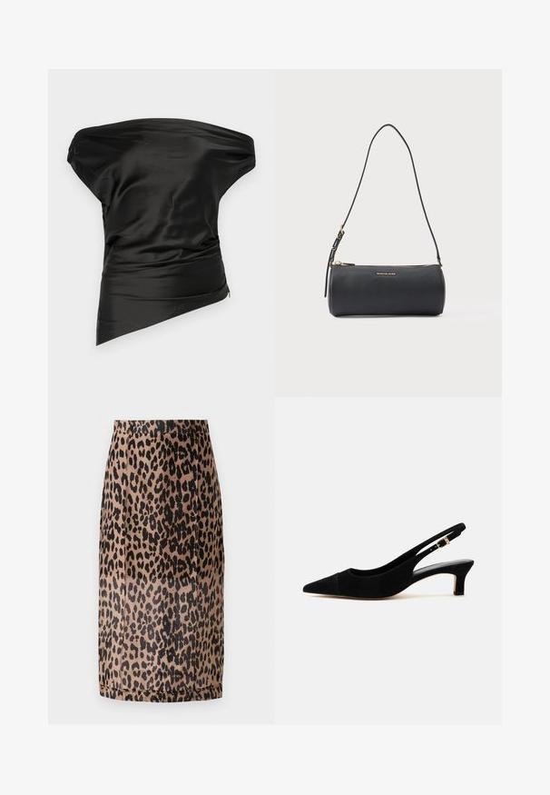 STAUD PHARE - Top - black; Bleistiftrock im Leopardenmuster in Beige und Schwarz. Glattes Material, taillierte Passform mit knielanger Schnittführung und verstecktem Bund. Keine sichtbaren Verschlüsse.; Schwarzer Wildleder-Slingback-Pumps mit spitzer Spitze, 5 cm Kitten-Heel und goldener Schnalle am verstellbaren Fersenriemen.; Schwarze zylindrische Lederschultertasche mit goldenem Reißverschluss und "Michael Kors"-Logo auf der Vorderseite, verstellbarer Riemen mit Schnalle.