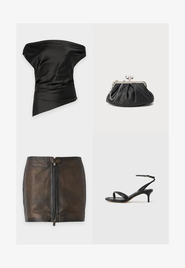 STAUD PHARE - Top - black; Schwarzer Leder-Minirock mit einem Reißverschluss vorne, glatter Textur und schmalem Bund. Verfügt über eine kleine Metallakzentuierung am Bund.; Schwarze Ledersandale für Damen mit dünnen Riemchen, einer Zehenlasche, einer Knöchelschnalle und einem mittelhohen Stöckelabsatz vor neutralem Hintergrund.; Schwarze Leder-Clutch mit geraffter Textur, silberfarbener Metallrahmen, Druckverschluss und Kettenriemen. Glatte, weiche Oberfläche.