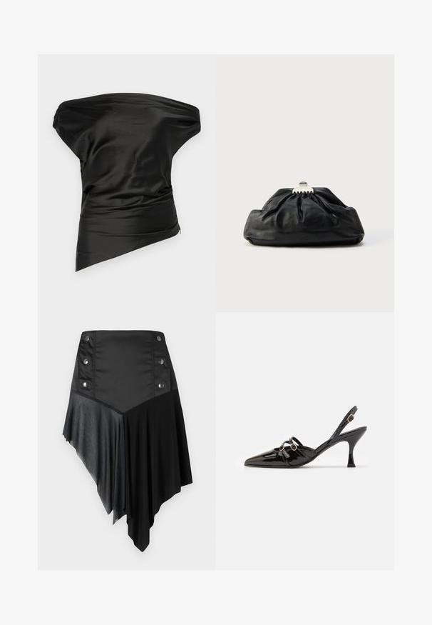 STAUD PHARE - Top - black; Schwarzer asymmetrischer Rock, der eine Kombination aus matten und strukturierten Stoffen zeigt, mit silbernen Knopfdetails an der Taille und einem geschichteten Saumdesign.; ALOHAS JOELLE ONIX - Pumps - black; Schwarze Leder-Clutch mit geraffter Textur, Metallverschluss und dezentem, auf der Vorderseite geprägtem Logo. Abgerundete Form.