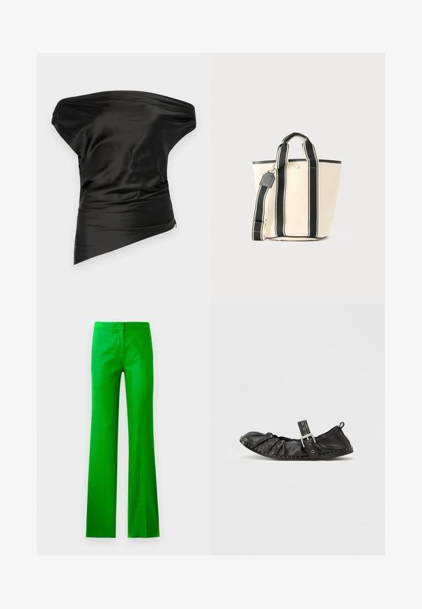 STAUD PHARE - Top - black; Helle grüne, ausgestellte Hosen aus einem glatten Stoff, mit flachem Bund und ohne sichtbare Taschen. Sauberes, minimalistisches Design.; Schwarzer Leder-Ballerina-Flachschuh mit gerafftem Vorderteil und Knöchelriemen. Dekorativer silberner Schnallenverschluss und kleine weiße Nieten entlang der Sohle.; Cremefarbene Canvas-Einkaufstasche mit schwarzen vertikalen Streifen, zwei Griffen und einem verstellbaren Schulterriemen mit angebrachtem schwarzem Etikett.