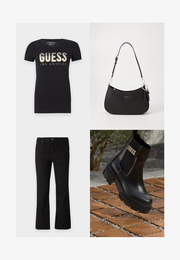 Zwarte katoenen t-shirt met ronde halslijn en korte mouwen, met een glinsterend "GUESS LOS ANGELES" logo in een metallic afwerking.; Zwarte rechte jeans met knoop- en ritssluiting, riemlussen, en voor- en achterzakken op een witte achtergrond.; Zwarte leren enkelboot met een chunky rubberen zool, elastische zijpanelen en een gouden accent met "GUESS" branding.; Zwarte synthetische handtas met een gebogen vorm, gouden hardware en een driehoekig logo. Voorzien van een ritssluiting en een verstelbare schouderriem.