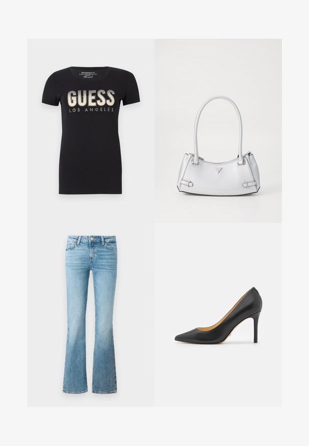Sort bomulds t-shirt med rund halsudskæring og korte ærmer, prydet med et glitrende "GUESS LOS ANGELES" logo i metalfinish.; Lysblå denimflaredragt med frontlommer, bæltesløjfer og knaplukning.; Sort læder spidse stiletto hæle med høj hæl, der har en glat overflade og minimalistisk design. Indersiden er foret i tan farve.; Sølv håndtaske med et struktureret design, der har to håndtag, en skinnende overflade, accenthardware og et trekantet logo på fronten.