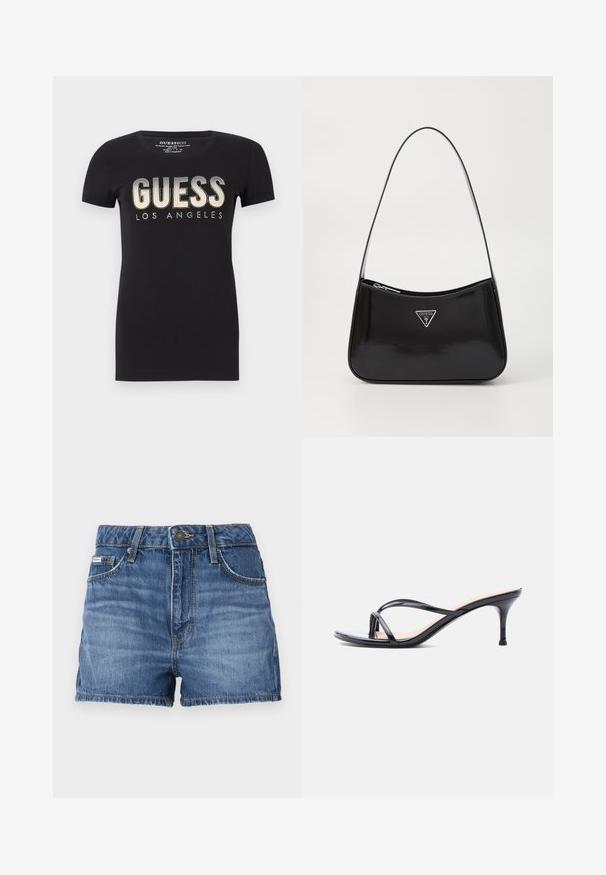 Musta puuvillapaita, jossa on pyöreä pääntie ja lyhyet hihat. Paidassa on kimaltava "GUESS LOS ANGELES" -logo metallinhohtoisena.; Farkkushortsit keskipitkä sininen väri, viiden taskun muotoilu, vyölenkit ja nyppyinen helma. Normaali nappi- ja vetoketjukiinnitys.; Musta kiiltävä nahkainen korkokenkä, jossa ohuet ristikkäiset hihnat ja kapea, keskipitkä piikkikorko valkoisella taustalla.; Mustan lakatun nahka olkalaukku kaarevalla muodolla, jossa on hopeinen kolmion logo ja vetoketjusuljenta. Tasainen pinta ja kapea hihna.