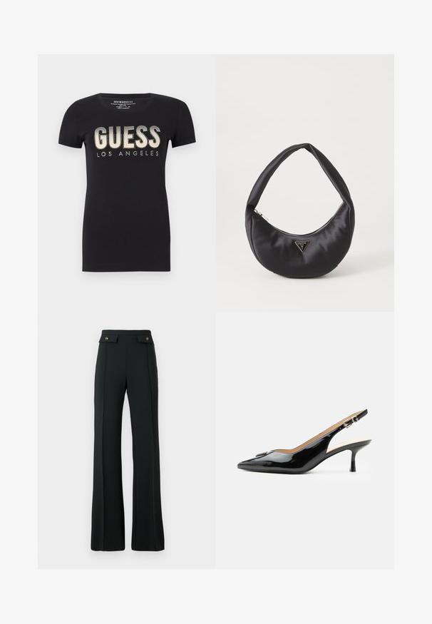 Camiseta de algodón negra con escote redondo y mangas cortas, que presenta un logo brillante de "GUESS LOS ANGELES" con un acabado metálico.; Pantalones de tiro alto de campana negros con detalles de costura frontal y dos bolsillos con tapeta y botones dorados en la cintura.; Tacón slingback de charol negro con puntera puntiaguda, tacón pequeño tipo kitten y correa con hebilla plateada sobre un fondo blanco liso.; Bolso de satén negro con forma curva, que cuenta con un cierre de cremallera y un logo triangular en metal en la parte delantera. Textura suave y diseño elegante.