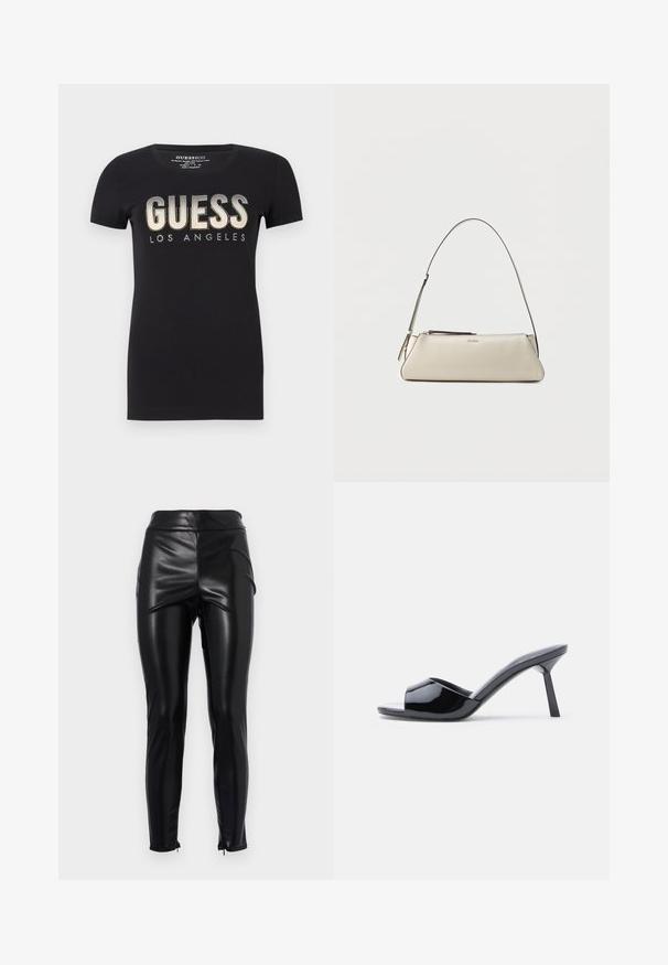 Schwarzes Baumwoll-T-Shirt mit rundem Ausschnitt und kurzen Ärmeln, mit einem glitzernden "GUESS LOS ANGELES" Logo in metallic Finish.; Hoch taillierte schwarze Leggings aus Kunstleder mit einer glatten, glänzenden Textur, seitlichen Nähten und Reißverschlüssen an den Knöcheln für eine figurbetonte Silhouette.; Schwarze Sandalen mit Absatz aus Lackleder, offenem Zehenbereich, mit geschwungenem Obermaterial und spitz zulaufendem Stilettoabsatz. Glatte, glänzende Oberfläche.; Kleine beige Lederschultertasche mit dünnem Riemen und Reißverschluss, vorne in der Mitte mit einem dezenten metallischen Logo.
