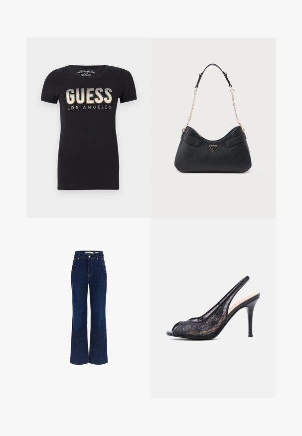 Sort bomulds t-shirt med rund halsudskæring og korte ærmer, prydet med et glitrende "GUESS LOS ANGELES" logo i metalfinish.; Mørkeblå bredbenede jeans med høj talje, der har knapdetaljer på siderne og en glat denimtekstur.; Sort højhælet slingback sko med åben tå og mesh-overdel med subtile blomsterprint.; Sort håndtaske med struktureret finish, buet silhuet, dobbelt skulderrem af læder og kæde, med guldfarvet logoaccent.