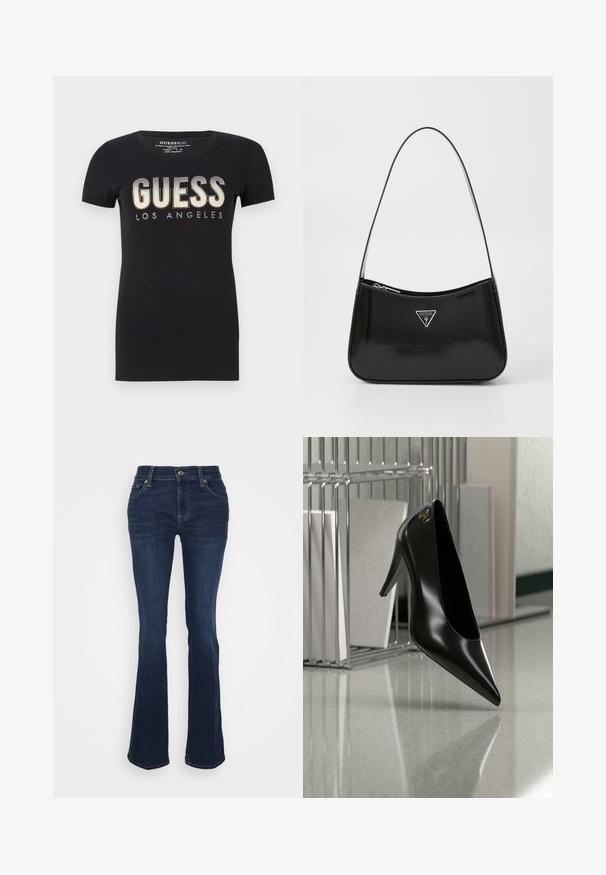Sort bomulds t-shirt med rund halsudskæring og korte ærmer, prydet med et glitrende "GUESS LOS ANGELES" logo i metalfinish.; Mørkeblå udvidede jeans lavet af denim; høj talje, fem lommer, guld hardware accenter og glat tekstur med subtil fading ved lårene.; Sort højhælet sko med spids tå og guldlogo, placeret på en reflekterende overflade nær en krom trådfilholder med dokumenter.; Sort patenteret læder skuldertaske med en buet form, prydet med et sølvfarvet trekantet logo og en lynlås-lukning. Glat tekstur og slank rem.