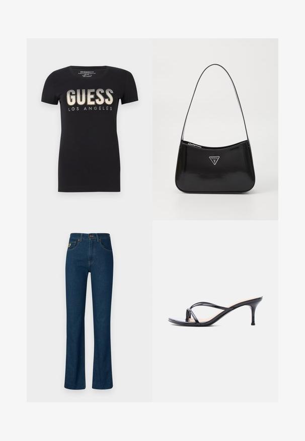 Sort bomulds t-shirt med rund halsudskæring og korte ærmer, prydet med et glitrende "GUESS LOS ANGELES" logo i metalfinish.; Mørkeblå denim jeans med lige ben design, som har knaplukning, kontrastsyninger og en forlommes med et lille logo patch.; Sort laklædersandal med hæl, tynde krydsede remme og en slank mellemhøj stilethæl på en hvid baggrund.; Sort patenteret læder skuldertaske med en buet form, prydet med et sølvfarvet trekantet logo og en lynlås-lukning. Glat tekstur og slank rem.