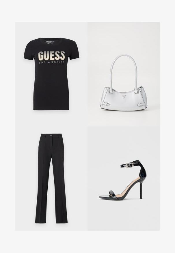 T-shirt en coton noir avec un col rond et des manches courtes, arborant un logo "GUESS LOS ANGELES" pailleté dans une finition métallique.; Pantalons noirs ajustés avec une coupe droite. Comprend une fermeture à bouton, des passants de ceinture et une texture lisse et mate.; Sandale à talon haut en cuir verni noir avec bride à la cheville. Présente un design minimaliste, un bout ouvert et une boucle ornée de strass.; Sac à main argenté avec un design structuré, doté de deux poignées, d'une texture brillante, de quincaillerie accentuée et d'un logo triangulaire sur le devant.