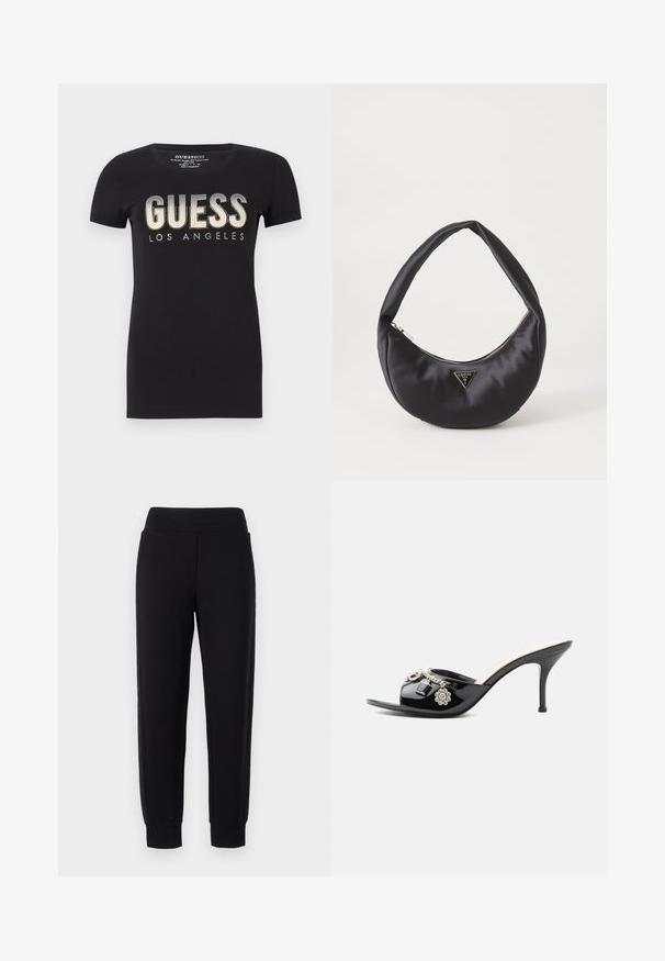 Sort bomulds t-shirt med rund halsudskæring og korte ærmer, prydet med et glitrende "GUESS LOS ANGELES" logo i metalfinish.; Sorte sweatpants med tætsiddende ben, der har en bred elastisk talje og strukturerede sidelapper. Lavet af et blødt, strækbart materiale.; Sort laklæder højt hælet mule med åben tå og dekorative sølvcharme inklusive en blomst og hængelås på frontstroppen.; Sort satin håndtaske med en buet form, der har en lynlåslukning og et trekantet logo i metal på forsiden. Glat tekstur og slankt design.