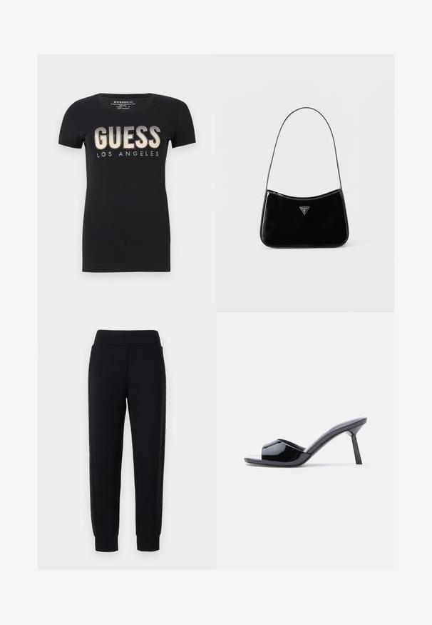 Sort bomulds t-shirt med rund halsudskæring og korte ærmer, prydet med et glitrende "GUESS LOS ANGELES" logo i metalfinish.; Sorte sweatpants med tætsiddende ben, der har en bred elastisk talje og strukturerede sidelapper. Lavet af et blødt, strækbart materiale.; Sorte laklæder sandaletter med åben tå, der har et buet overdesign og en spids stilethæl. Glat, blank finish.; Sort skuldertaske i laklæder med tynd rem, trekantet Guess-logo foran og lynlåslukning i toppen.