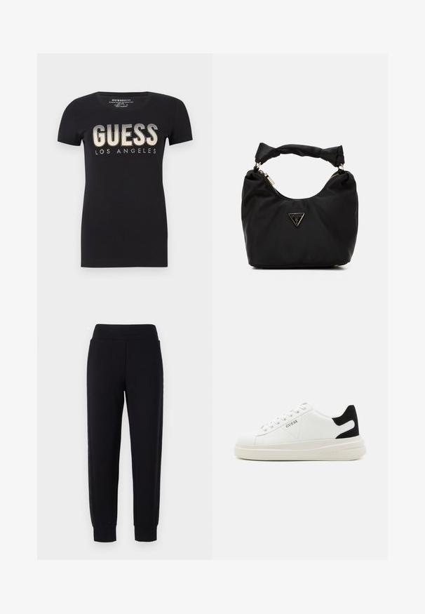 Zwarte katoenen t-shirt met ronde halslijn en korte mouwen, met een glinsterend "GUESS LOS ANGELES" logo in een metallic afwerking.; Zwarte sweatpants met taps toelopende pijpen, voorzien van een brede elastische tailleband en gemêleerde zijpanelen. Gemaakt van een zachte, rekbare stof.; Witte leren sneakers met een dikke witte zool, zwarte suède hielaccent en een geperst logo op de zijkant. Vetersluiting met zes oogjes.; Zwarte stoffen handtas met een gebogen vorm, gestrikt handvat, opvallend gouden logo-detail en ritssluiting. Gladde textuur en minimalistisch ontwerp.