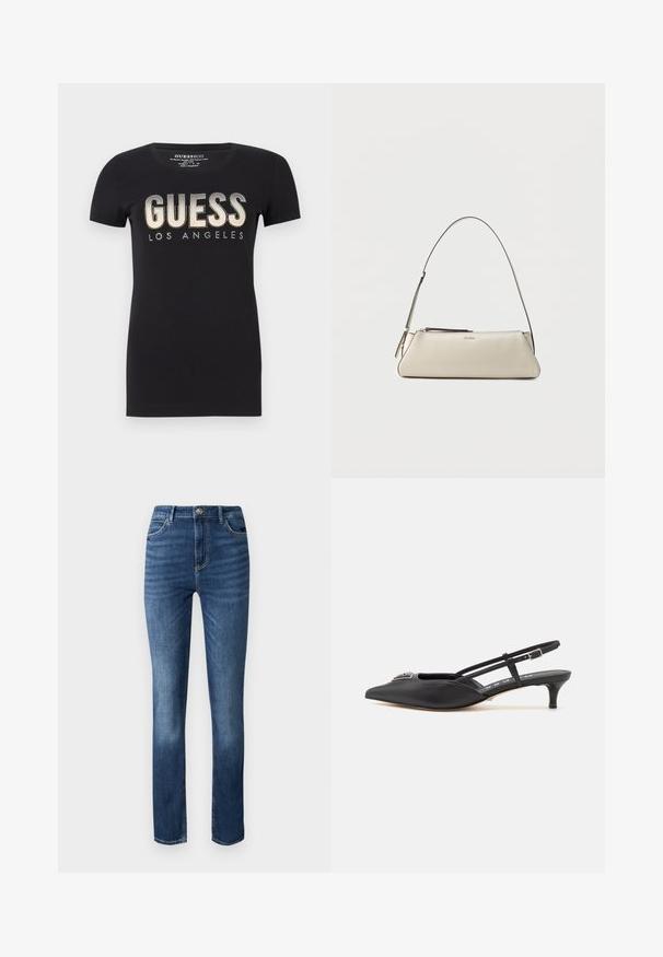 T-shirt en coton noir avec un col rond et des manches courtes, arborant un logo "GUESS LOS ANGELES" pailleté dans une finition métallique.; Jeans en denim bleu foncé avec une coupe droite, style cinq poches et un léger délavage à l'avant pour plus de texture.; Chaussures noires à talon slingback avec un bout pointu, en matériau lisse, dotées d'un petit talon et d'un accent décoratif en argent sur le dessus.; Petit sac à épaule en cuir beige avec une fine bandoulière et une fermeture éclair, orné d'un logo métallique discret au centre avant.