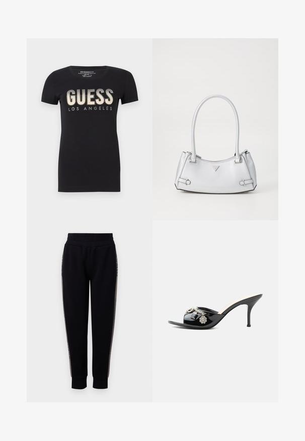 Camiseta de algodón negra con escote redondo y mangas cortas, que presenta un logo brillante de "GUESS LOS ANGELES" con un acabado metálico.; Pantalones de chándal negros con una cintura elástica, piernas ajustadas y costuras laterales con un acento metálico. Tejido suave con una textura blanda.; Mule de charol negro de tacón alto con punta abierta y adornos decorativos plateados, incluyendo una flor y un candado en la tira delantera.; Bolso de mano plateado con un diseño estructurado, que cuenta con dos asas, textura brillante, herrajes de acento y un logo triangular en la parte frontal.