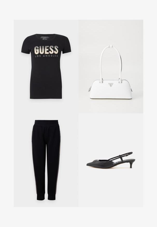 Camiseta de algodón negra con escote redondo y mangas cortas, que presenta un logo brillante de "GUESS LOS ANGELES" con un acabado metálico.; Pantalones de chándal negros con una cintura elástica, piernas ajustadas y costuras laterales con un acento metálico. Tejido suave con una textura blanda.; Zapatos slingback negros con punta afilada, hechos de material suave, con un pequeño tacón y un acento decorativo plateado en el empeine.; Bolso de cuero blanco con forma curva, que presenta un logo triangular plateado y cierre de cremallera. Textura lisa y dos asas.