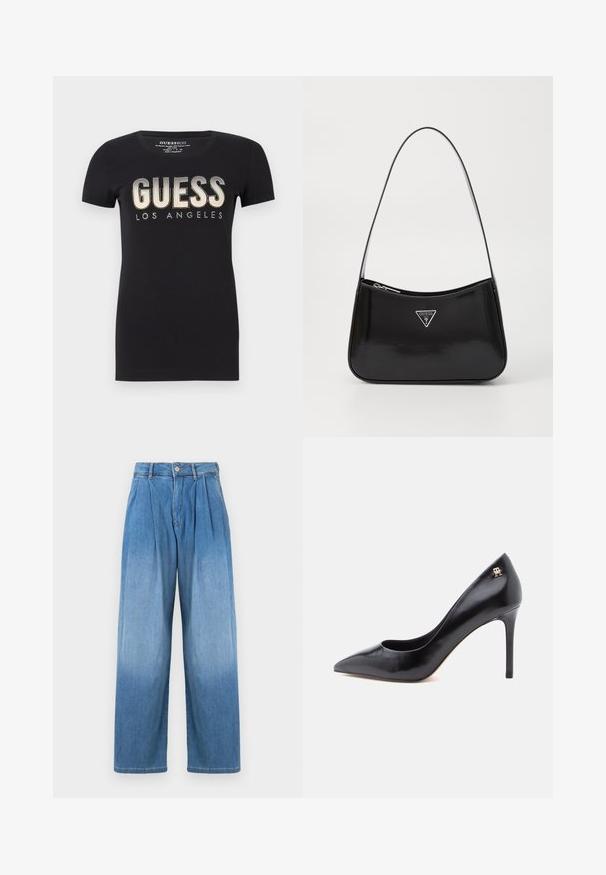 Sort bomulds t-shirt med rund halsudskæring og korte ærmer, prydet med et glitrende "GUESS LOS ANGELES" logo i metalfinish.; Lyseblå denimbukser med høj talje, afslappet vid pasform og frontfolder. Har knap- og lynlåslukning.; Sort læderpump med høje hæle og spids tå, der har et udskåret design og en lille gulddetalje med logo på hælen.; Sort patenteret læder skuldertaske med en buet form, prydet med et sølvfarvet trekantet logo og en lynlås-lukning. Glat tekstur og slank rem.