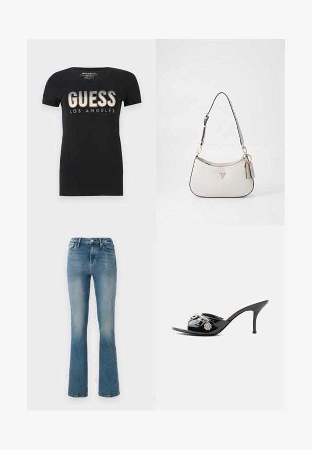 Sort bomulds t-shirt med rund halsudskæring og korte ærmer, prydet med et glitrende "GUESS LOS ANGELES" logo i metalfinish.; Lys blå denim flared jeans med fem lommer, høj talje og sy detaljer. Stoffet viser en let falmet vask og en glat tekstur.; Sort laklæder højt hælet mule med åben tå og dekorative sølvcharme inklusive en blomst og hængelås på frontstroppen.; Hvid tekstureret håndtaske med en buet form, guldfarvet hardware, en aftagelig rem og et logo-akcent. Inkluderer en nøglekædetag med branding.
