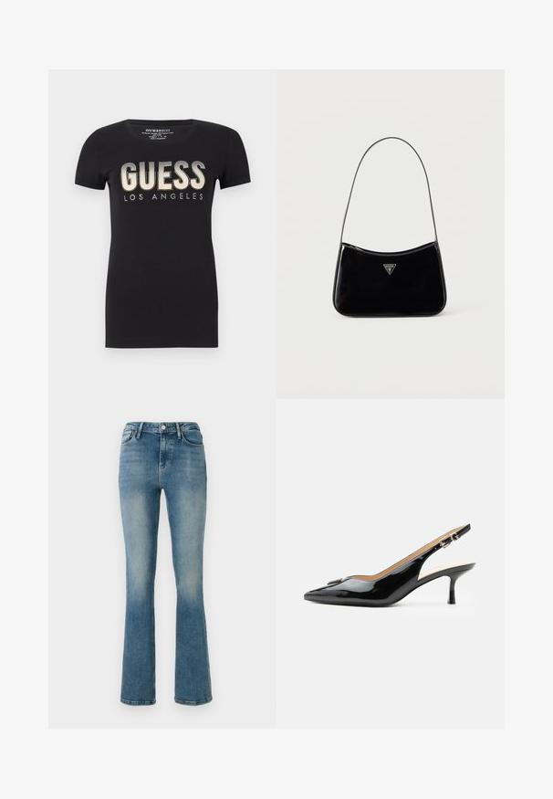 Zwarte katoenen t-shirt met ronde halslijn en korte mouwen, met een glinsterend "GUESS LOS ANGELES" logo in een metallic afwerking.; Lichtblauwe flared jeans van denim met vijf zakken, een hoge taille en stikselDetails. De stof heeft een licht vervaagde wassing en een gladde textuur.; Zwarte lakleren slingback hak met spitse neus, kleine kittenhak en zilveren gespsluiting op een effen witte achtergrond.; Zwarte schoudertas van lakleer met een smalle band, driehoekig Guess-logo aan de voorkant en een ritssluiting bovenaan.